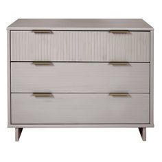 a white dresser with two drawers and gold handles