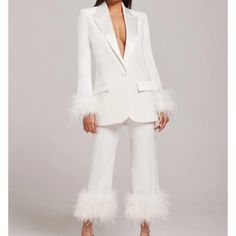 White Feather Pant Suit (Both Size 8) Nwt In Original Box; Never Worn White Bra Top, Feather Cuffs, Nadine Merabi, Feather Cuff, Chic Brides, White Bras, Feather Trim, Oversized Blazer, Satin Material