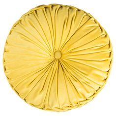 a round yellow pillow with pleated edges on a white background, viewed from above