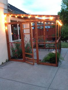 an outdoor patio with lights on it