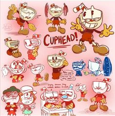 an image of some cartoon characters that are in different poses and sizes, with the words cuphead above them