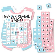 the gender reveal bingo game with question marks and pink onesuits on blue background