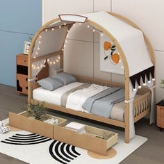 a bed with a canopy and lights on it in a room next to a dresser