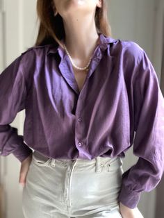 Vintage matt silk blouse 100% silk Dark violet color, boxy fit,  modeled on person 172cm tall, 94cm bust Excellent condition Measurements: Shoulders- 48cm (19") Underarms- 60cm (23,5") Length- 58cm (23") Solid Color Silk Button-up Tops, Plain Silk Button-up Tops, Chic Purple Collared Shirt, Purple Button-up Daywear Shirt, Formal Purple Summer Blouse, Chic Purple Silk Top, Elegant Purple Silk Blouse, Purple Silk Blouse For Spring, Purple Silk Top For Formal Occasions