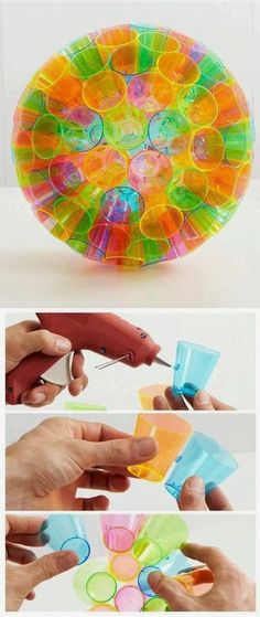 the process to make an art project with plastic cups