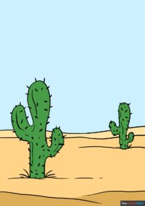 a desert scene with cactuses in the foreground and a blue sky behind it