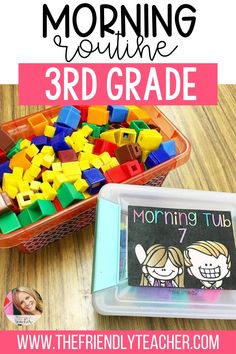 a basket filled with colorful legos and the words morning routine 3rd grade next to it