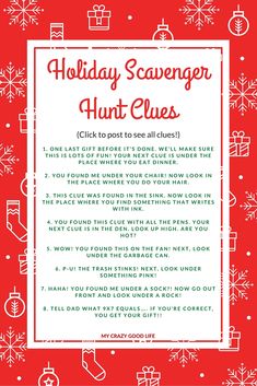 the holiday scavenger hunt clues is shown in red and white with snowflakes