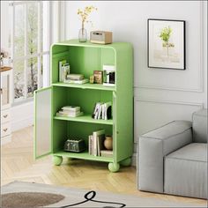 a green book shelf in the corner of a room