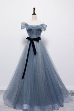 Blue Off the Shoulder Tulle Long Prom Dress with Sash Prom Dress Blue, Blue Evening Dress, Off Shoulder Evening Dress, Blue Evening Gowns, Blue Party Dress