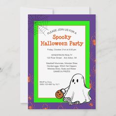 a halloween party card with a ghost holding a pumpkin