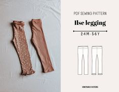 the sewing pattern for leggings is shown in two different colors and sizes, including pink