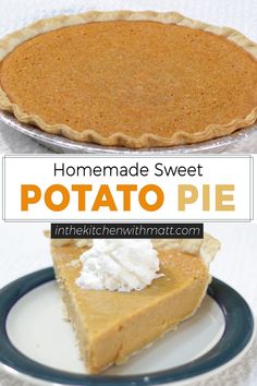 homemade sweet potato pie with whipped cream on top and in the middle, sitting on a plate