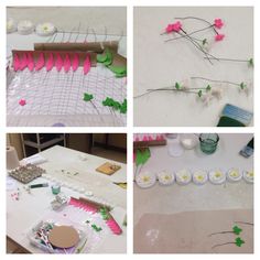 the process of making paper flowers is being displayed in four different pictures, including one with pink and green leaves