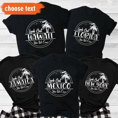 three t - shirts with the words hawaii and two palm trees in white on black