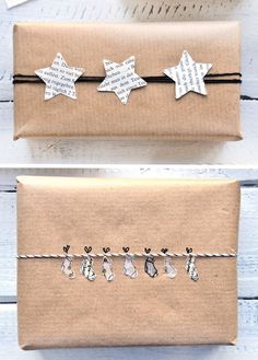 two wrapped presents with silver stars on them