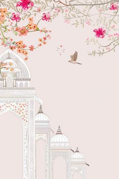 Experience the charm of 'Palace Serenity - Hand-Painted Elegance.' This design features a white background adorned with intricate palace architecture and blooming flowers, capturing the essence of a delicate hand-painted style. An elegant bird soars in the sky, adding a touch of grace. The overall color scheme is soft pink, with clear patterns and textures, this artwork is perfect for decorating wallpapers or mobile phone screens, blending cultural beauty with modern aesthetics. Wedding Invitation Background, Floral Cards Design, Floral Wedding Invitation Card, Invitation Background