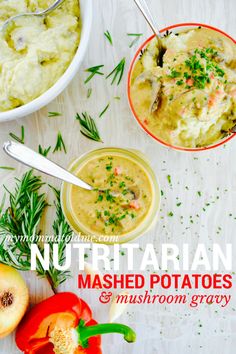 mashed potatoes and mushroom gravy in bowls with spoons on the side