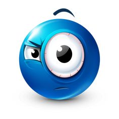 an evil looking blue ball with big eyes