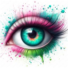 an eye with colorful paint splattered on it's irises and eyelashes