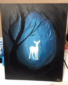 a painting of a deer standing in front of a tree with the moon behind it