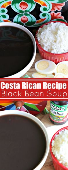 costa rican recipe black bean soup in red bowls with white rice and sliced bananas on the side