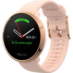 a pink smart watch with the time displayed