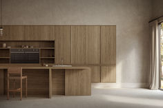 an empty kitchen with wooden cabinets and counter tops