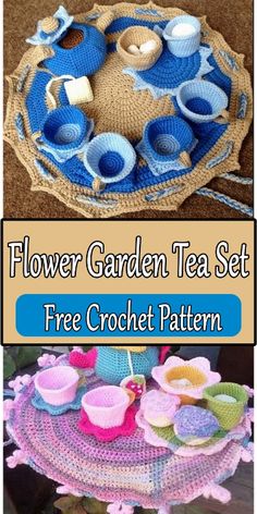 three different pictures with the words flower garden tea set free crochet pattern on them