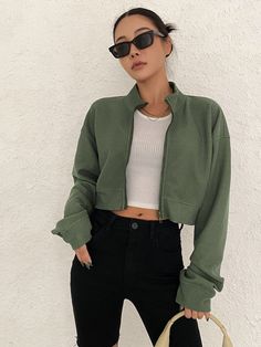 Verde Militar Casual Collar Manga Comprida Tecido Simples Outro Embellished Elasticidade Baixa  Agasalhos para Mulheres Drop Shoulder Jacket, Shoulder Jacket, Women Outerwear, Teenager Outfits, Outerwear Women, Mens Clothing Styles, Drop Shoulder, Army Green, All Fashion