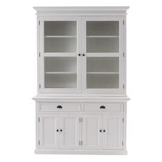 a white china cabinet with glass doors and drawers on the bottom, in front of a white background