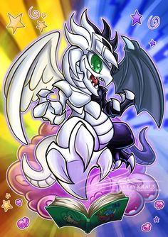 an image of a white dragon with green eyes and wings reading a book on a rainbow background