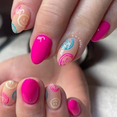 Half And Half Nails Designs, Mismatch Nail Designs, Cute Funky Nails Almond, Simple Neon Nails, Preppy Nail Art, Cheap Nail Ideas, Short Round Nails Designs, Fun Nails Summer, Girly Nail Designs