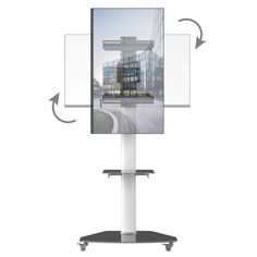 an image of a computer monitor on a stand with wheels and glass panels over it