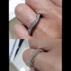 two different views of a person's hand with a wedding ring on their finger