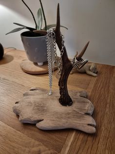 a tree branch with chains hanging from it on a table next to a potted plant