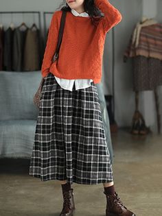 UOOZEE Long Plaid Skirt, Plaid Skirt Outfit, Sleeveless Short Dress, Dress Shirt Sleeves, Long Shirt Dress, Skirt Outfit, Plaid Skirt, Fashion Seasons, Long Sleeve Midi Dress