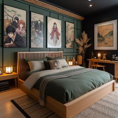 a bed room with a neatly made bed and pictures on the wall