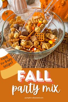 fall party mix in a glass bowl on a table