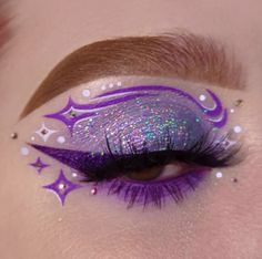 Lumpy Space Princess Makeup, Whimsigoth Makeup Aesthetic, Maximalist Makeup Looks, Celestial Makeup Looks, Firework Makeup, Holographic Eye Makeup, Colorful Goth Makeup, Purple Makeup Ideas, Bisexual Makeup