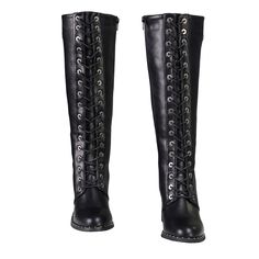 Milwaukee Leather MBL9442 Women's Black Lace-Up Tall Biker Fashion Boots with Platform Heel & Studs Features Made of Synthetic Faux Leather Water Resistant Uppers Tall Boots Anti-Slip Bottom Lace-Up with Inside Zipper for Easy on and off Wear Studded Outsole Milwaukee Signature Hardware Black Lace-up Combat Boots With Rivets, Fall Black Lace-up Boots With Rivets, Black Riveted Winter Boots, Black Gothic Faux Leather Lace-up Boots, Fitted Black Gothic Moto Boots, Black Lace-up Moto Boots With Rivets, Black Faux Leather Boots With Rivets, Fitted Knee-high Black Combat Boots, Black Fitted Knee-high Combat Boots