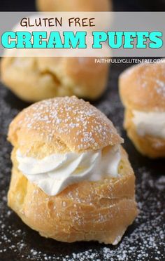 cream puffs with powdered sugar on top and the words gluten free cream puffs above them