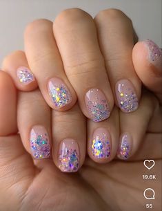 Nails With Pink Acrylic Powder, Simple Sparkle Nails, Shellac Nails Designs, Nail Art Paillette, Chunky Glitter Nails, Glitter Gel Nails, Cute Gel Nails, Disney Nails