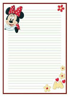 a mickey mouse lined paper with hearts and flowers on the bottom, in red frame