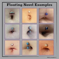 several images of different types of navel rings with text reading floating navel examples