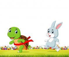 two rabbits and a turtle running in the grass