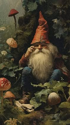 a painting of a gnome sitting in the woods