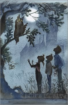 three children are looking at an owl in the tree while another child is reaching for it