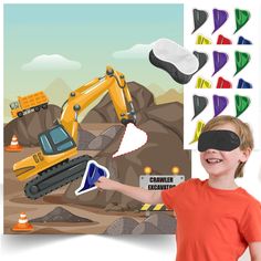 a young boy wearing a blindfold standing in front of a construction scene with an excavator