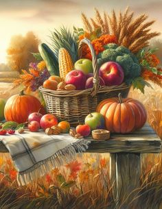 a painting of an autumn scene with pumpkins, apples and corn in a basket